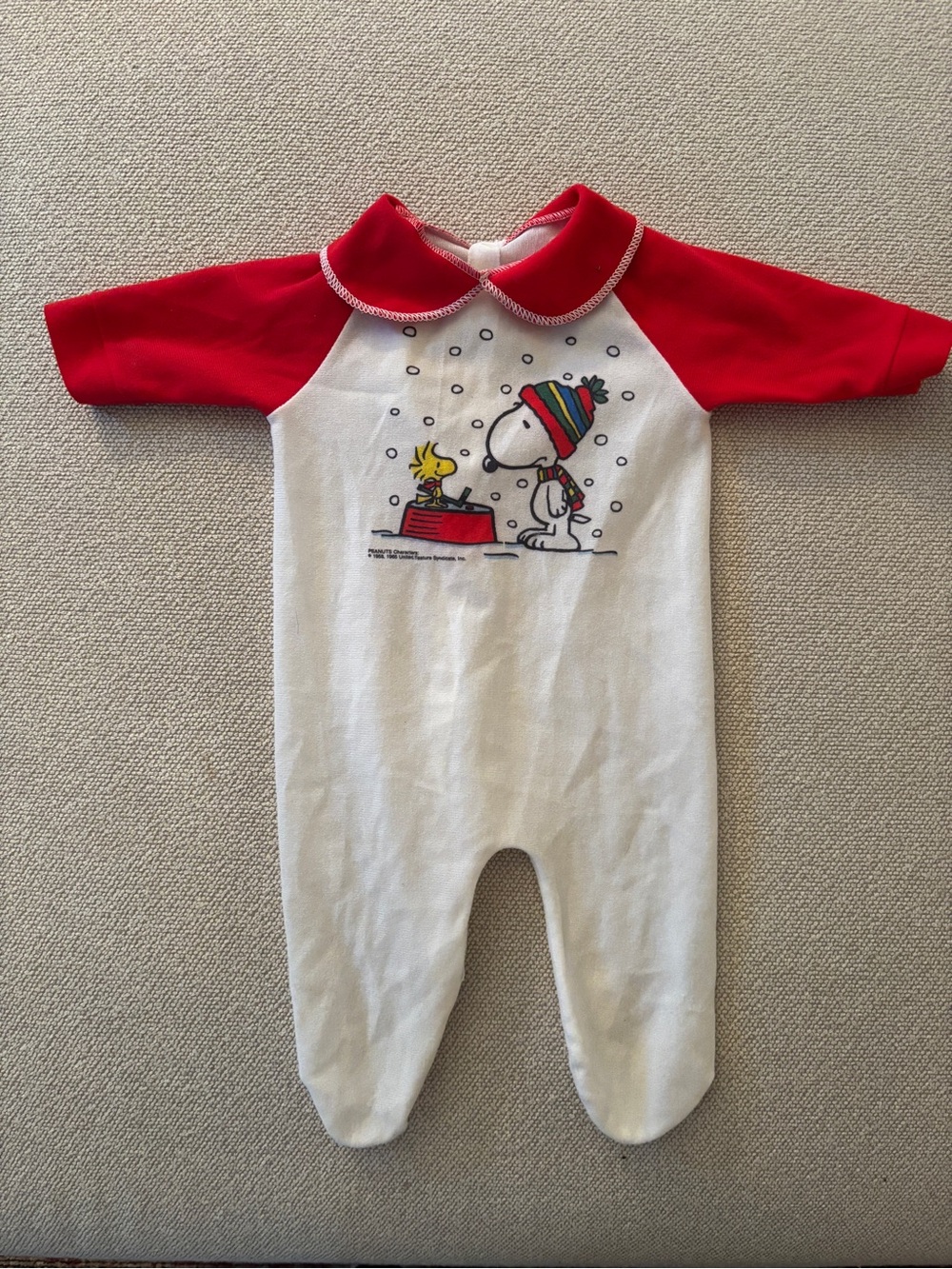 Vtg Peanuts 0-3M Lullaby Land Snoopy & Woodstock Winter Snow Christmas Sleeper